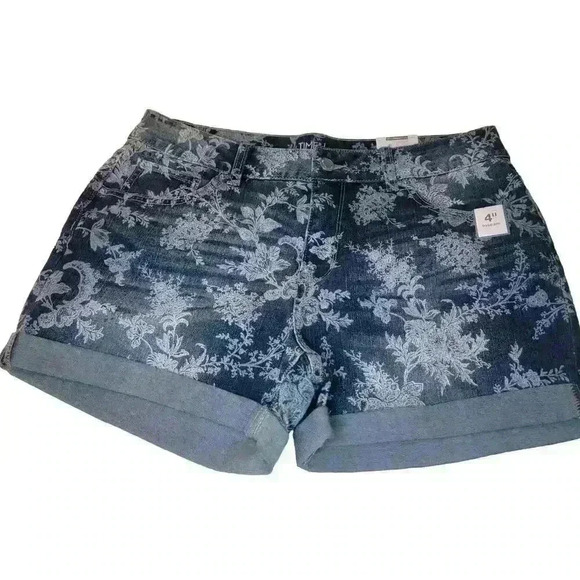 Time And Tru Shorts Womens 12 Denim Floral New Stretch 4" Inseam Mid Rise - Picture 1 of 13